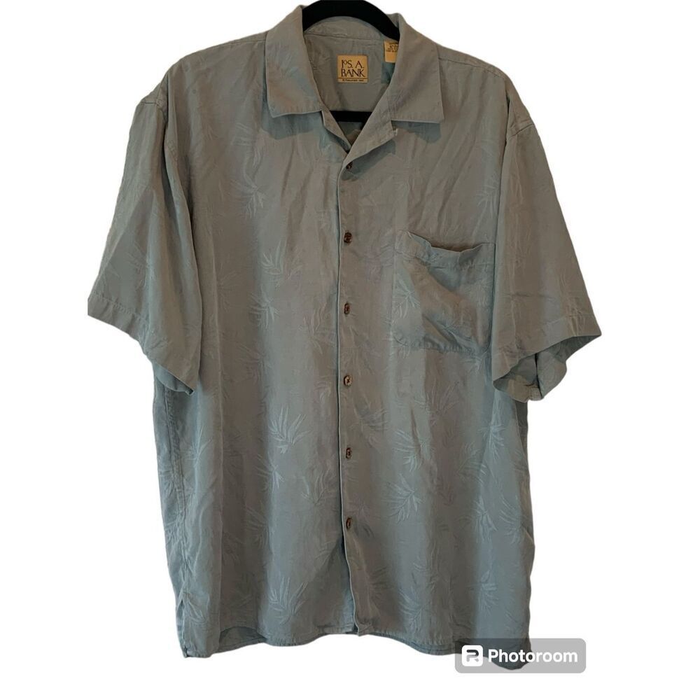 Jos A Bank Shirt Men's 100% Silk Short Sleeve Button Up Front Pocket Green Large